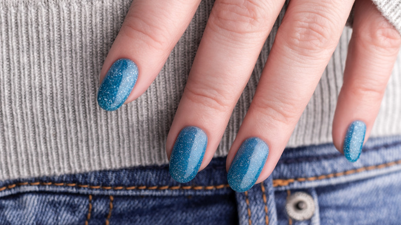 Denim-inspired nails with sparkle