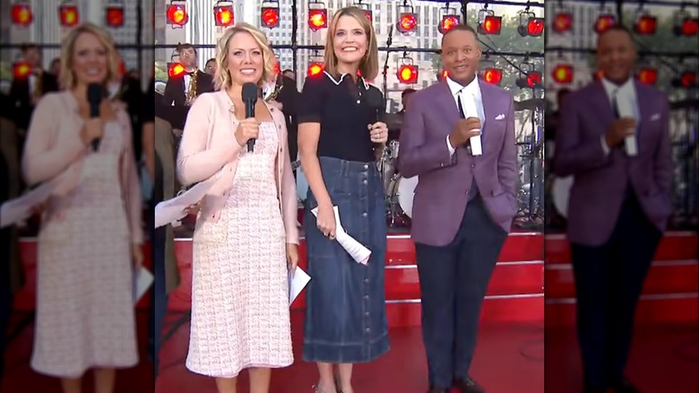 Dylan Dreyer, Savannah Guthrie, and Craig Melvin hold microphones on The Today Show concert stage