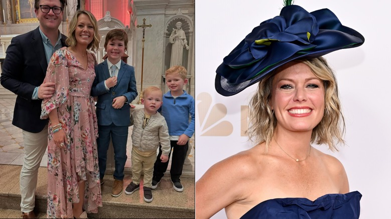 Dylan Dreyer wearing a flowy dress in one photo and a blue fascinator in another