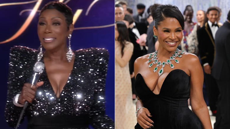 Sommore doing standup comedy in a glittery outfit and matching earrings next to a photo of Nia Long at the Met Gala in a black low cut  gown with a large elaborate necklace.