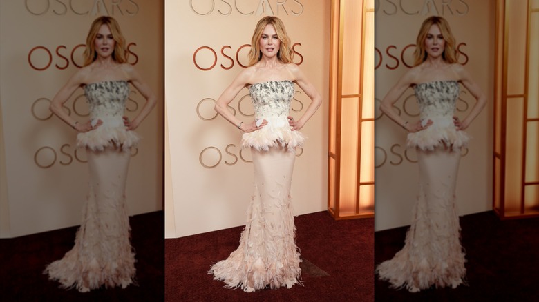 Nicole Kidman in a feathered blush strapless gown
