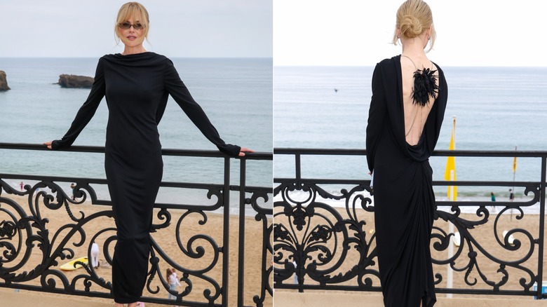 Nicole Kidman in a black dress with an embellishment on the back