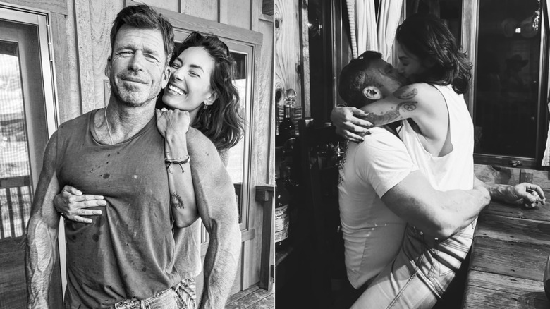 Two side-by-side photos of Taylor Sheridan and his wife Nicole Sheridan in affectionate black-and-white shots.
