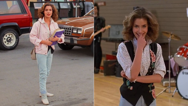 Scenes from "Back to the Future" featuring Claudia Wells in a pink jacket and a floral vest