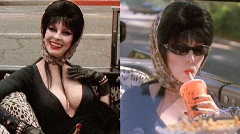 Scenes from "Elvira: Mistress of the Dark" featuring the actor wearing a leopard print headscarf