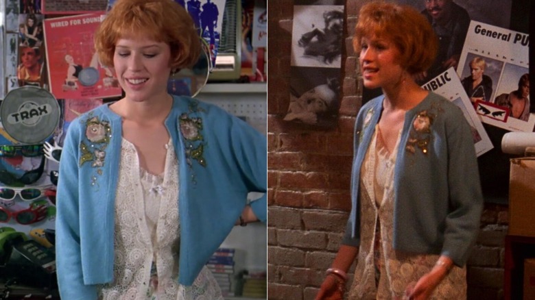 A scene from "Pretty in Pink" featuring Molly Ringwald in an embellished blue cardigan