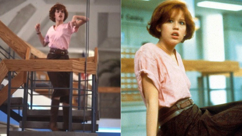 A scene from "The Breakfast Club" featuring Molly Ringwald in a pink top and brown skirt