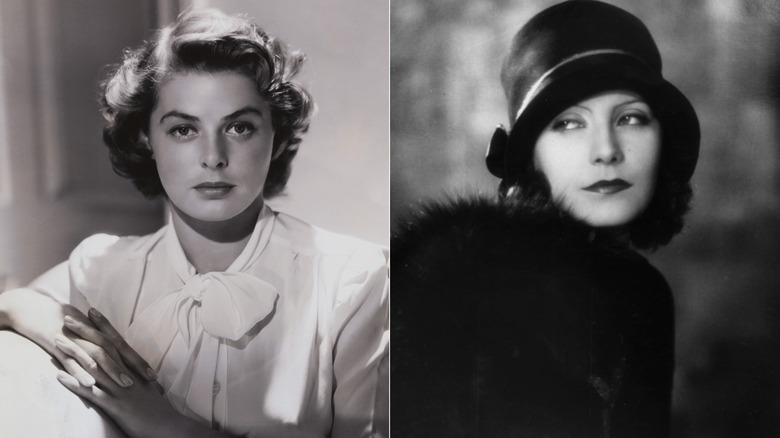 Swedish actors Ingrid Bergman and Greta Garbo in black-and-white portraits