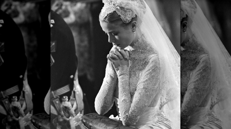 A closeup of Princess Grace of Monaco during her wedding