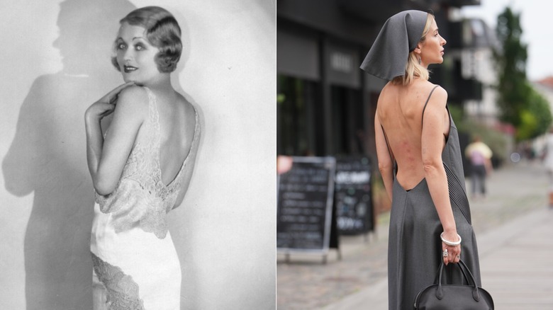 A woman in the 1930s and in 2026 wearing a backless dress
