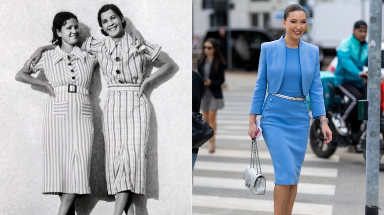 Two women in the 1930s and one in 2026 wearing dresses with belts around the waist