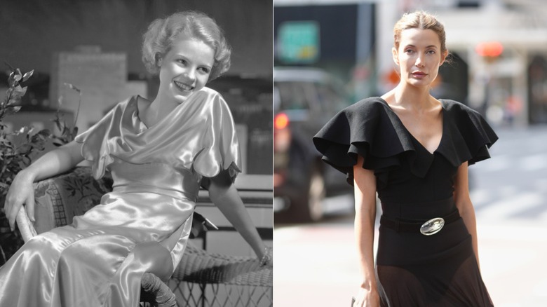 A woman in the 1930s and in 2026 wearing fluttery butterfly sleeves