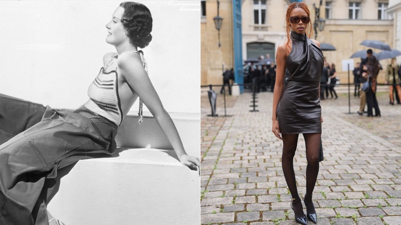 A woman in the 1930s and in 2026 wearing halter neck styles