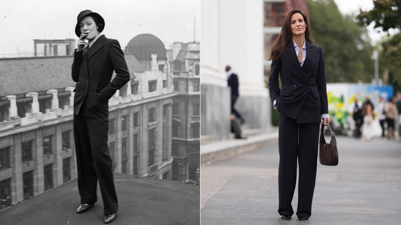 A woman in the 1930s and in 2026 wearing androgynous suits
