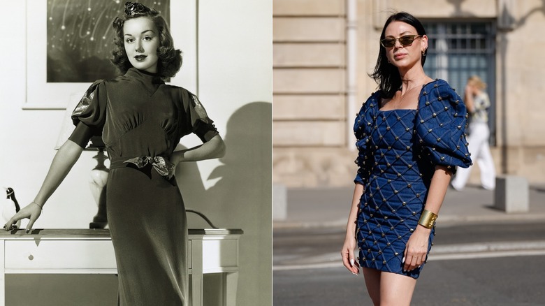 A woman in the 1930s and in 2026 wearing puff sleeve dresses