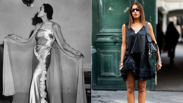 A woman in the 1930s and in 2026 wearing satin dresses