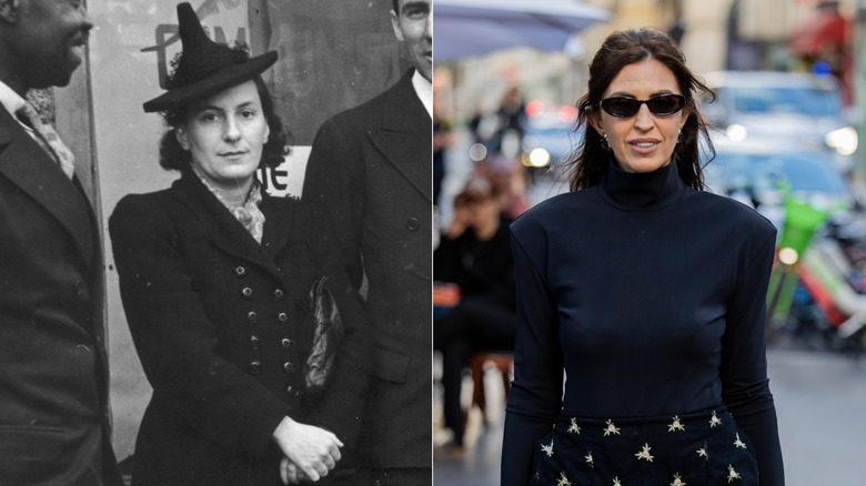 A woman in the 1930s and a woman in 2026 wearing volumized shoulders