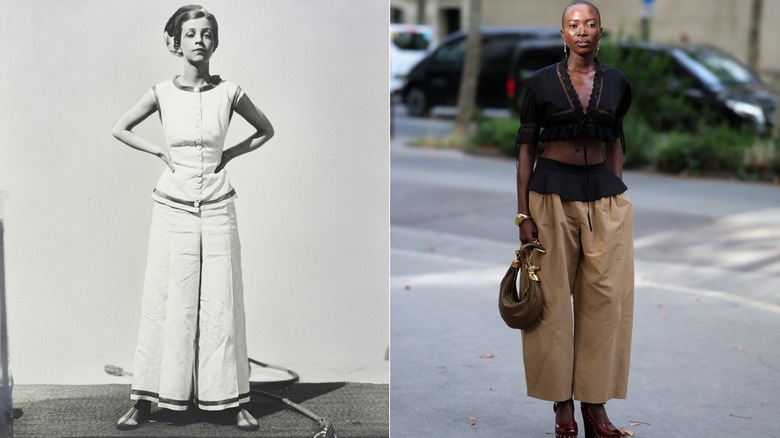 A woman in the 1930s and in 2026 wearing wide leg pants