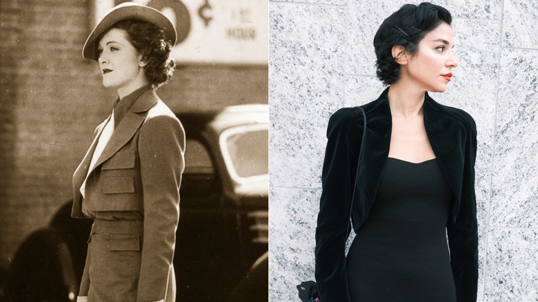 A woman in the 1930s and in 2026 wearing bolero jackets