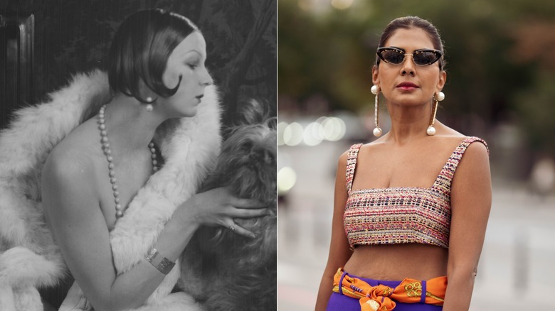 A woman in the 1920s wearing drop earrings, a pearl necklace, and a fur wrap on the left and a woman in 2026 wearing drop earrings with a crop top on the right.