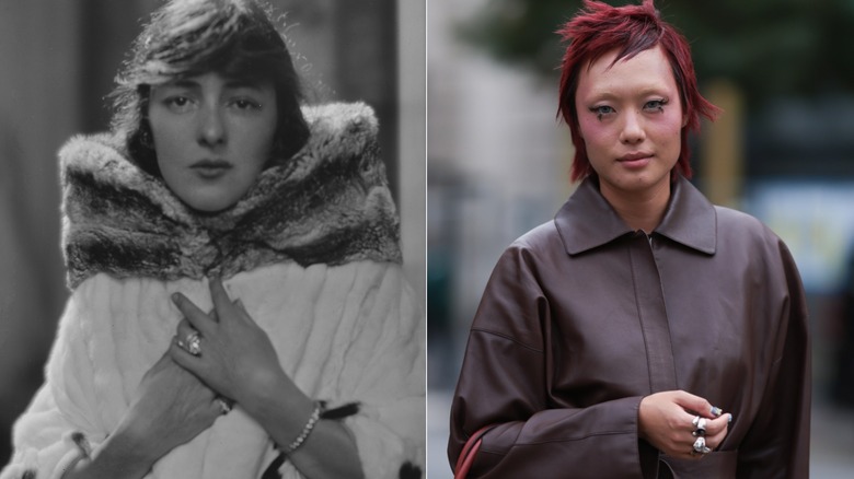 A woman in the 1920s wearing a statement ring with a high-collar fur coat on the left, and a woman in 2026 wearing many statement rings with a brown jacket on the right.