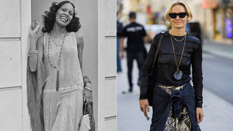 A woman in the 1920s wearing a long necklace and flapper-style dress on the left, and a woman in 2026 wearing a long tassel necklace with a black top on the right.