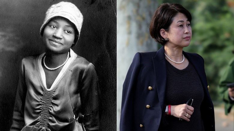 A woman in the 1920s wearing a pearl necklace in a black-and-white portrait on the left and a woman in 2026 wearing a pearl necklace with a navy-blue outfit on the right..