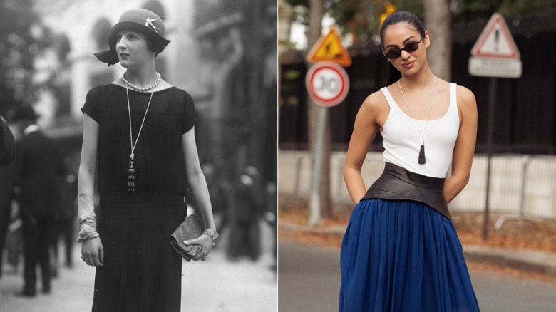 A woman in the 1920s wearing a tassel necklace with a black dress on the left and a woman in 2026 wearing a tassel necklace with a white tank top and blue skirt on the right.