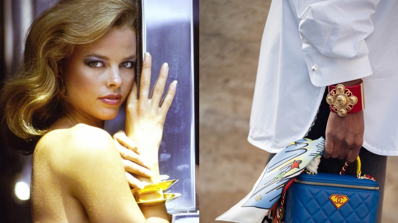 Lisa Taylor pictured in 1976 wearing gold cuff bracelets and a picture of a red and gold cuff bracelet holding a purse on the right