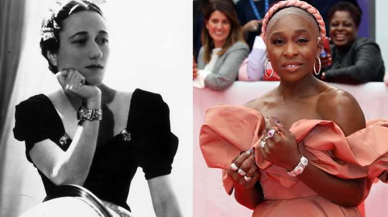 Wallace Simpson pictured on the left wearing an Art Deco bracelet and Cynthia Erivo pictured on the right wearing Art Deco jewelry