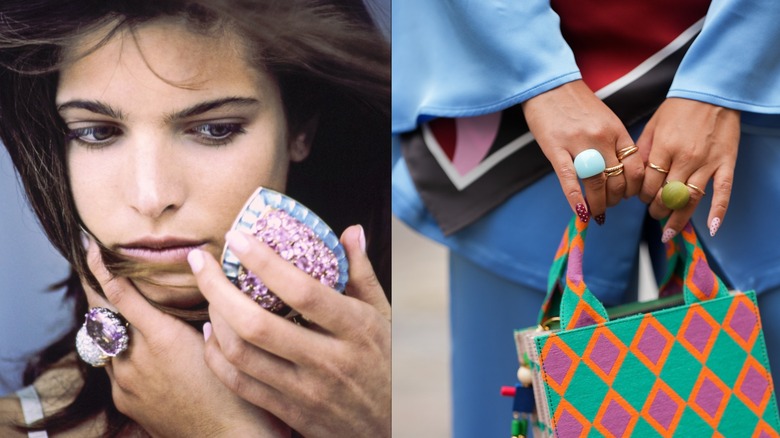 Model Stephanie Seymour wears a cocktail ring and holds a mirror on the left and a woman holding a purse with cocktail rings on the right
