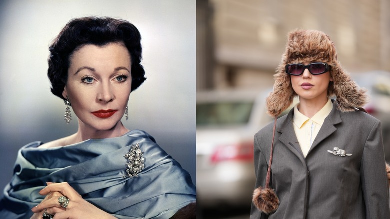 Vivian Lee pictured on the left wearing a blue dress and brooch and a woman wearing a blazer and brooch in 2026 pictured on the right