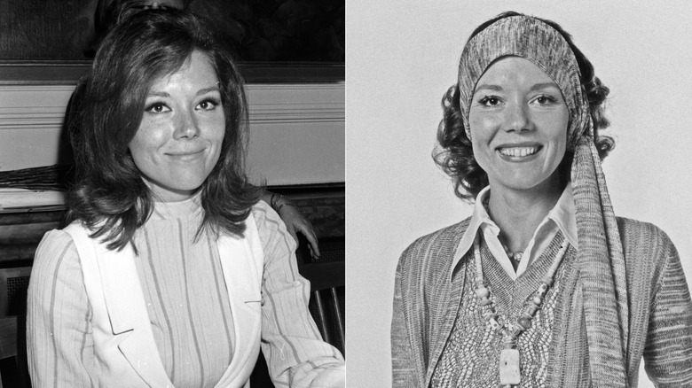 Diana Rigg in the 1960s with teased hair, and in 1974 wearing a knit head scarf