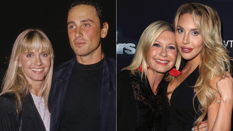 Side-by-side photos show Olivia Newton-John posing with her first husband Matt Lattanzi and daughter Chloe Lattanzi.
