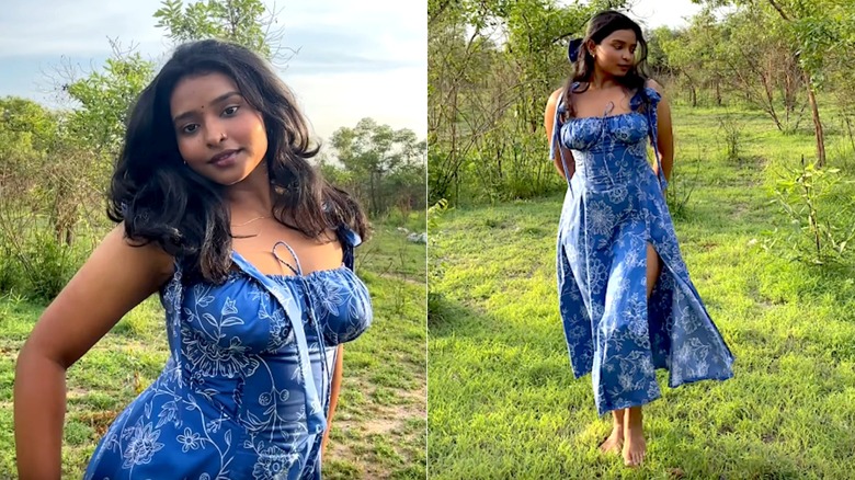 Woman in blue milkmaid dress