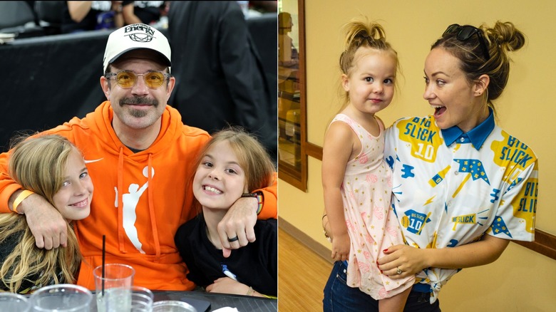 Side-by-side photos of Jason Sudeikis with his two kids and Olivia Wilde with daughter Daisy.
