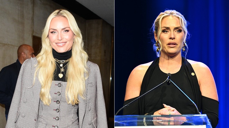 Lindsey Vonn smiles while attending an event and speaks into a microphone while giving a speech
