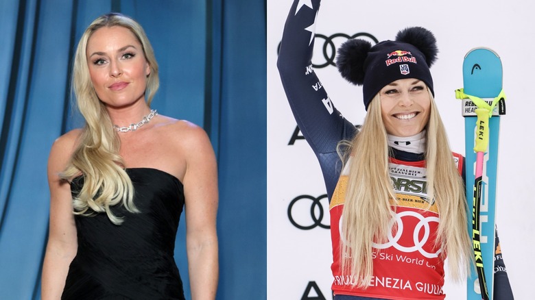 Lindsey Vonn walks on a red carpet and celebrates as she returns to skiing