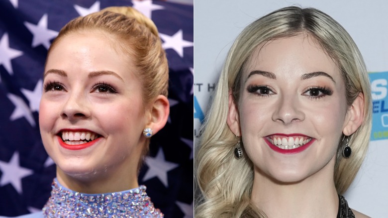 L: Gracie Gold of the United States waits for her score in the Team Ladies Free Skating during day one of the Sochi 2014 Winter Olympics ; R: Gracie Gold joins Olympic champion Scott Hamilton as he celebrates "40 Years Of Going For The Gold" at Glide at Brooklyn Bridge Park on February 16, 2024