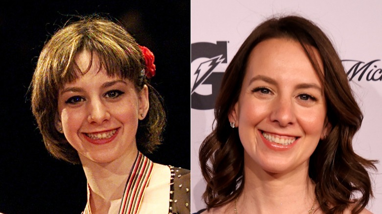 L: Sarah Hughes, right, of the USA stand on the podium with medal at the 2001 World Figure Skating Championships ; R: Sarah Hughes attends the 2024 Women's Sports Foundation's Annual Salute To Women In Sports