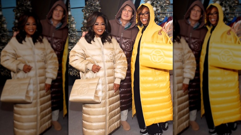 Gayle King, Adam Glassman and Oprah Winfrey wear matching puffers and purses