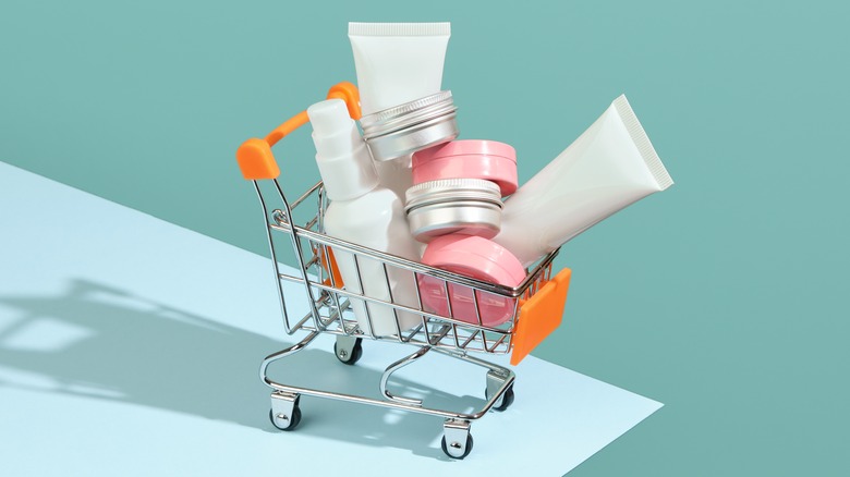 Beauty products in tiny shopping cart