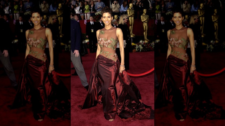 Halle Berry in a maroon Elie Saab dress in 2002 at the Oscars