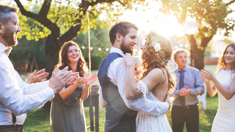 Bride and groom at backyard wedding