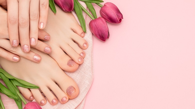 fingernails toenails with sparkle polish