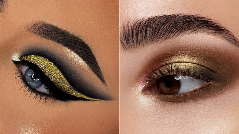 A side by side of a glitter cut crease eye makeup and a brown smoky eye