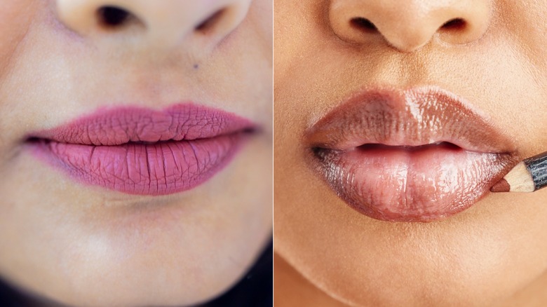 A side by side of lips with no lip liner and lips with lipliner