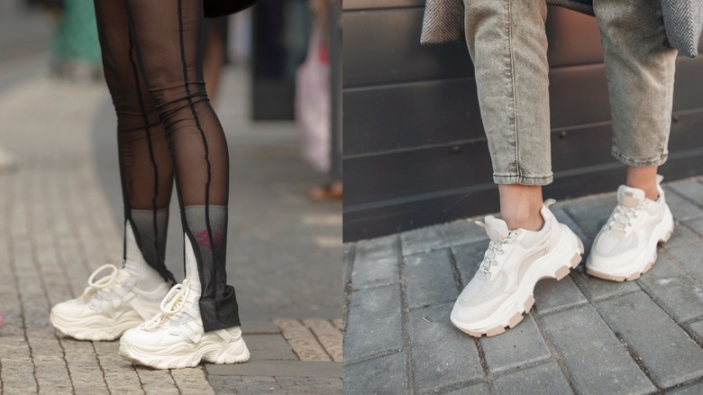 A woman wearing sheer leggings and chunky sneakers on the left and a woman wearing jeans and chunky sneakers on the right.