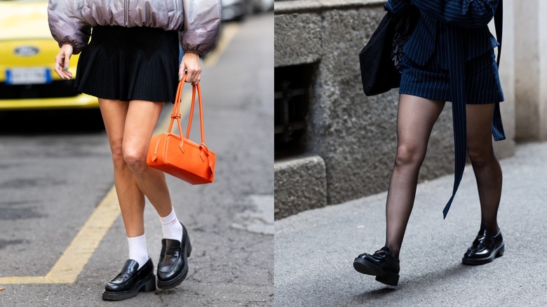 A woman wearing a skirt and lug-sole loafers on the left and a woman in tights and lug-sole loafers on the right