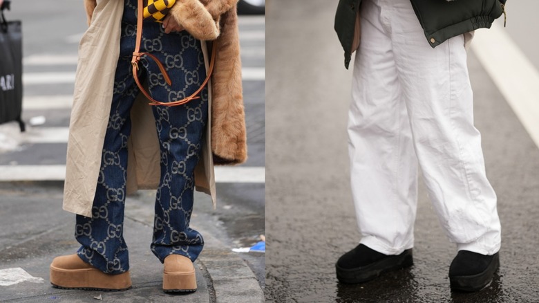 A woman wearing brown platform UGGs on the left and a woman wearing black platform UGGs on the right